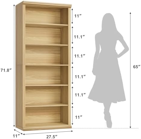 Rresyet Bookcase and Bookshelves, 28" W Tall Bookshelf, Natural Oak