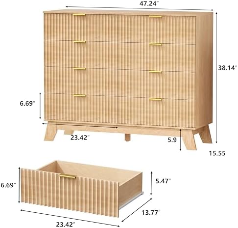 HUANLEGO 48" W Tall Fluted Dresser for Bedroom with 8 Drawer, Oak