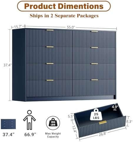Furniway Navy Blue Dresser for Bedroom, Modern Dresser with 8 Drawers and Smooth Slides, Wide Chest of Drawers with Golden Handles for Bedroom, Closet, 15.7" D x 55" W x 37.4" H