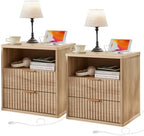 LEYAOYAO Fluted Nightstand Set of 2 with Charging Station,23" Modern Nightstand with Wood Grain Top, 2 Drawer End Table w/Storage, BedsideTable for Bedroom, Living Room, Natural