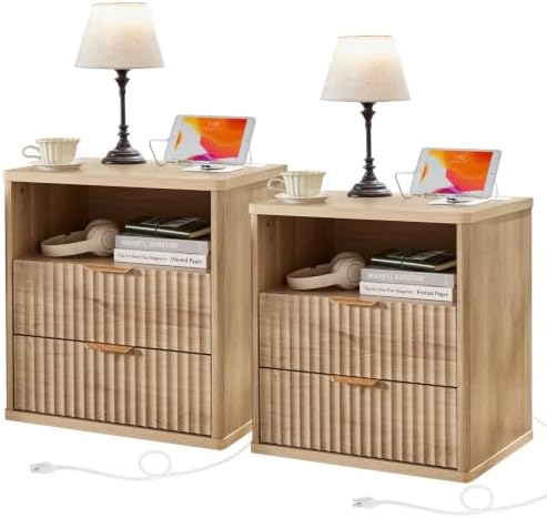 LEYAOYAO Fluted Nightstand Set of 2 with Charging Station,23" Modern Nightstand with Wood Grain Top, 2 Drawer End Table w/Storage, BedsideTable for Bedroom, Living Room, Natural