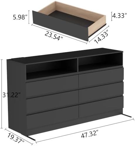 Gyfimoie Black 6-Drawer Dresser for Bedroom w/Power Outlet and LED Light