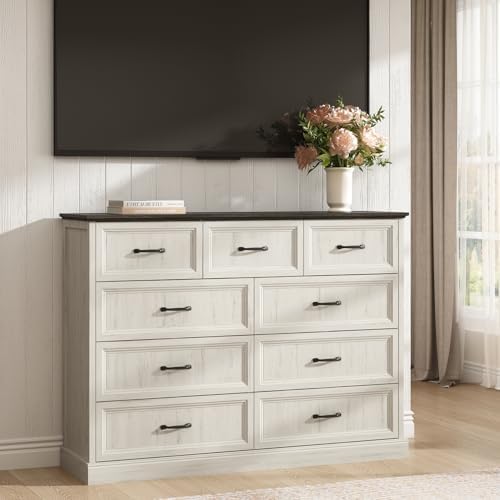 Farmhouse 9 Drawer Dresser for Bedroom, 55" White Dresser with TV Stand