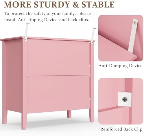 RoyalCraft 32" Large Nightstand Set of 2, Fluted Painted Wood Dresser with 3 Spacious Drawers, Modern Bedside Table for Bedroom, Living Room, Pink