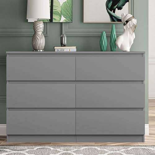 Vibe & Dine Grey Dressers for Bedroom, Double Dresser with 6 Drawers, Modern Chest of Drawers with Wide Storage for Closet, Bedroom, Living Room