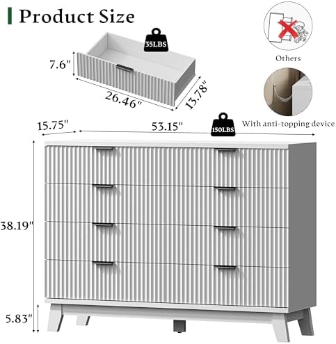 Xixini Fluted Dresser with 8 Drawers, 54" Wide Modern Chest of Drawers with Metal Handle, Wooden Dresser TV Stand, Wood Closet Clothes Storage Organizer for Bedroom, Living Room, Hallway, Solid White
