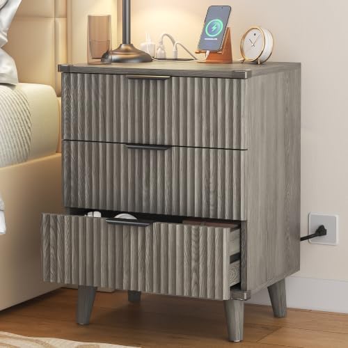 3 Drawers Nightstands Set of 2 w/Charging Station, Modern Fluted Dresser