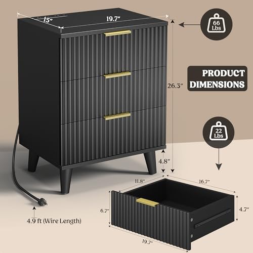 3 Drawers Nightstands Set of 2 w/Charging Station, Modern Fluted Dresser