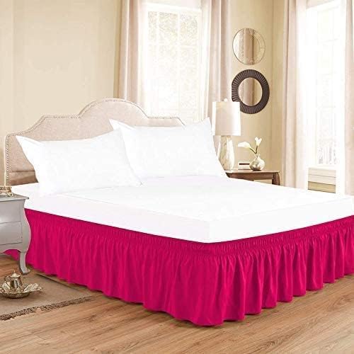 Hot Pink Wrap Around Bed Skirts with 16" Drop - Three Sides Fabric Adjustable Elastic Dust Ruffle Silky Soft -600 TC Stretchy Bed Skirt-Olympic Queen(66"X 80") Hot Pink