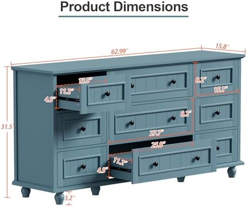 Scurrty Blue 9 Drawer Dresser, Large Chest of Drawers for Closet Storage