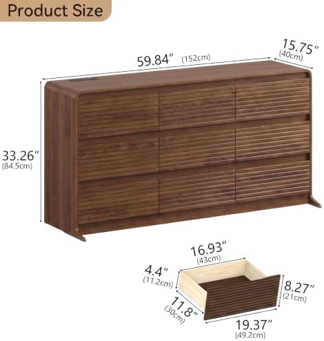 Gyfimoie Walnut Fluted 9-Drawer Dresser for Bedroom w/Power Outlet