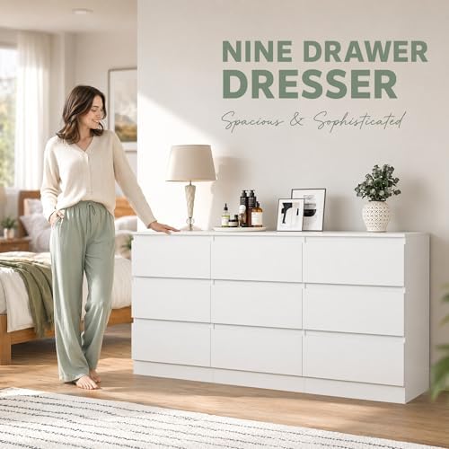 Spaco White 9 Drawer Dresser for Bedroom,Modern Long Dresser with Deep Drawer,Large Storage Chest of Drawer,Wood Bedroom Storage Organizer Furniture Drawers for Living Room