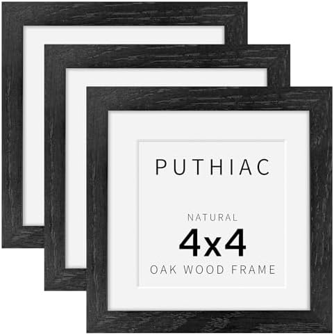 puthiac 4x4 Solid Oak Wood Picture Frames, Black, 3 Pack