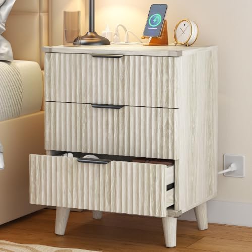 3 Drawers Nightstands Set of 2 w/Charging Station, Modern Fluted Dresser