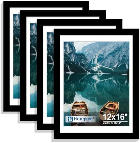 Hongkee 12x16 Picture Frame Set of 4, 12 x 16 Black Wood Style(Mat 11x14)