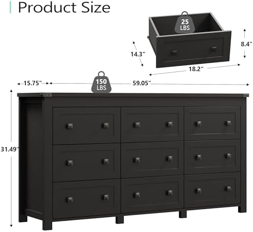 Xixini 59.1" Wide 9-Drawer Farmhouse Dresser for Bedroom, Black