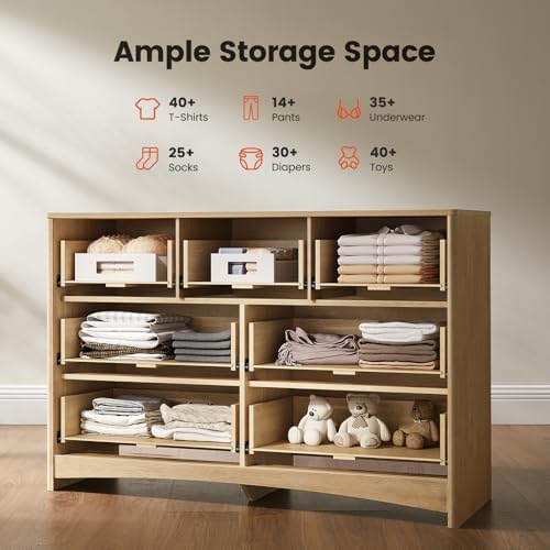 Amada Modern 7 Drawer Dresser, Fluted Wood Chest of Drawers, Natural Oak