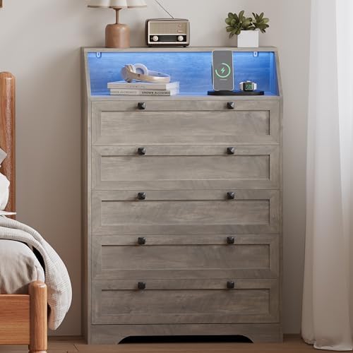 Wodeer Grey Dresser Tall 5 Drawer Dresser for Bedroom, Wood Chest of Drawers with LED Lights, Charging Station, Metal Handles, Modern Storage Cabinet and Organizer Drawers for Living Room, Hallway