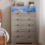 Wodeer Grey Dresser Tall 5 Drawer Dresser for Bedroom, Wood Chest of Drawers with LED Lights, Charging Station, Metal Handles, Modern Storage Cabinet and Organizer Drawers for Living Room, Hallway