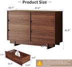 6 Drawer Walnut Dresser for Bedroom, 47" Wide Mid Century Modern Dresser
