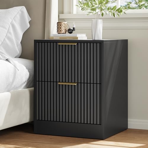 8 Drawer Dresser & 2-Drawer Nightstand Set 3-Piece, Black丨55 Wide Fluted Black Dresser and Night Stand Set of 2 Modern Wood Chest of Drawers Storage Dressers Set for Bedroom