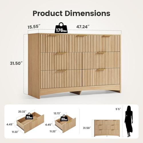 Amada Modern 7 Drawer Dresser, Fluted Wood Chest of Drawers, Natural Oak
