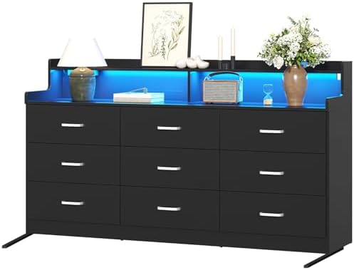 Bigbiglife 9 Drawer Dresser with Built in Power Outlet and LED Light, Modern Chest of Drawers for Bedroom, Triple Wide Drawer Organizer Cabinet for Living Room, Entryway, Hallway, Black