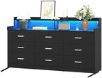 Bigbiglife 9 Drawer Dresser with Built in Power Outlet and LED Light, Modern Chest of Drawers for Bedroom, Triple Wide Drawer Organizer Cabinet for Living Room, Entryway, Hallway, Black
