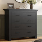 8 Drawer Dresser for Bedroom, Wood Dresser Chests of Drawers with Metal Handle, Double Wide Dressers, Vintage Design Storage Chest Cabinet and Organizer Drawers for Closet, Hallway, Entryway, Black