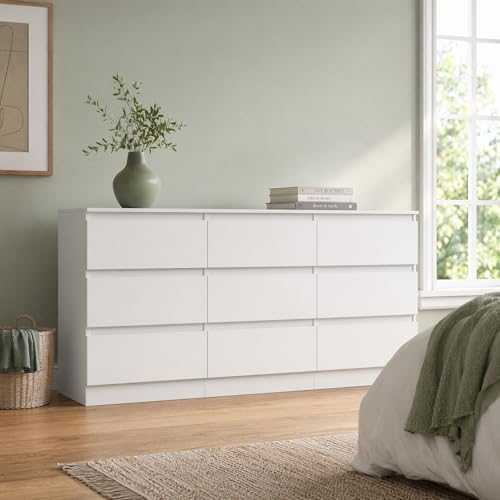 Spaco White 9 Drawer Dresser for Bedroom,Modern Long Dresser with Deep Drawer,Large Storage Chest of Drawer,Wood Bedroom Storage Organizer Furniture Drawers for Living Room