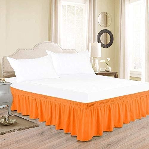 Orange Wrap Around Bed Skirts with 16" Drop - Three Sides Fabric Adjustable Elastic Dust Ruffle Silky Soft -600 TC Stretchy Bed Skirt-Full(54"X 75") Orange