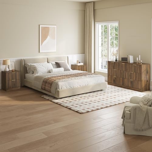 7 Drawer Dresser & 2-Drawer Nightstand Set 3-Piece, Walnut丨55 Wide Bedroom Set Night Stand Set of 2 with Metal Handle, Fluted Wood Chest of Drawers Storage Dressers Set for Bedroom