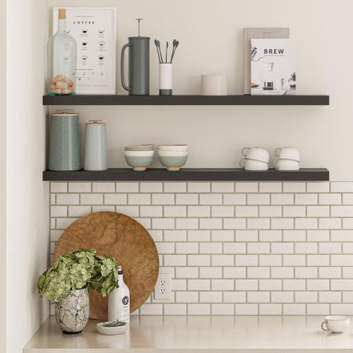 Ballucci Floating Shelves for Wall, 48" Wood Wall Shelf Set of 2, with Invisible Brackets for Bathroom, Living Room, Bedroom, Kitchen, Nursery, 8" Deep, Black