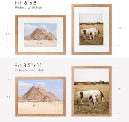 8.5x11 Picture Frame, Solid Oak Wood 8.5 by 11 Frame with Mat 6x8
