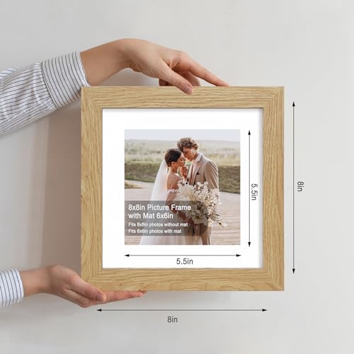 Hongkee 8x8 Picture Frames Set of 4, Made of Glass and Natural Oak Wooden Frame - Display Picture 6x6 with Mat or 8 x 8 Without Mat, 8 by 8 Photo for Wall or Tabletop