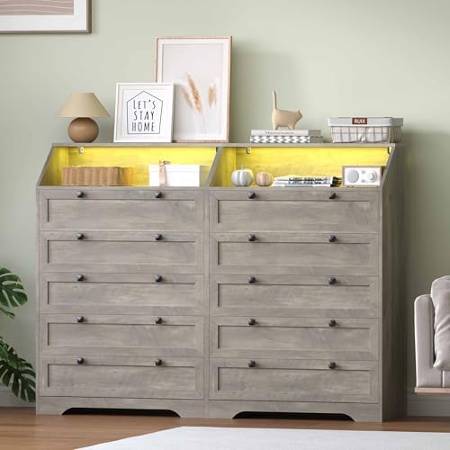 Wodeer Grey Dresser Tall 5 Drawer Dresser for Bedroom, Wood Chest of Drawers with LED Lights, Charging Station, Metal Handles, Modern Storage Cabinet and Organizer Drawers for Living Room, Hallway