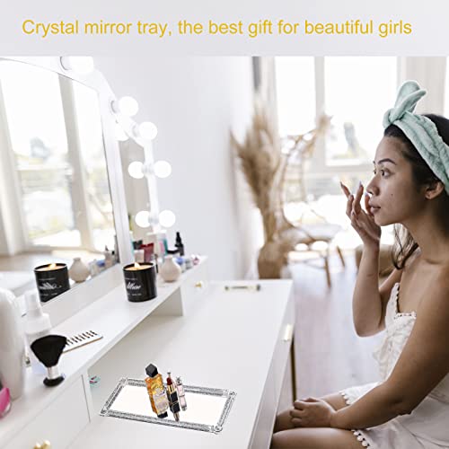 Crystal Glass Serving Tray, Crushed Diamond Filled Modern Glass Mirror Jewelry Trinket Tray, 13.7" x 5.9" Rectangular Makeup Perfume Tray for Bedroom Dresser, Home Decor, Banquet,Party(Silver) - color: Silver a
