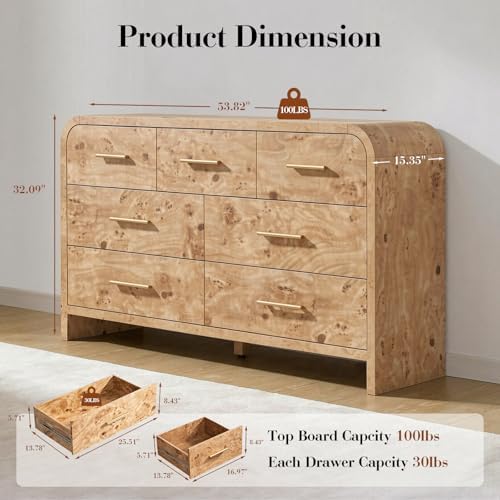 Curved Drawer Dresser for Bedroom with 7 Drawers, 54'' Wide Chest of Drawer