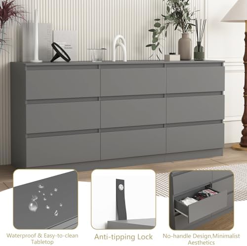 Grey 9 Drawer Dresser for Bedroom,Modern Long Dresser with Deep Drawers,Wide Storage Chest of Drawer,Wood Bedroom Storage Organizer Drawers forBedroom