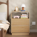 BORNOON Dresser with 2 Drawers and Charging Station, Fluted Bedside Table with Round Curved Corner, Hidden Handles, 2 AC Outlets and 2 USB Ports, Modern Wood End Table with Open Shelf for Bedroom