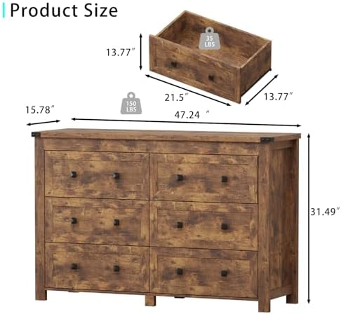 Wodeer 6 Drawer Dresser for Bedroom, Brown Modern Dressers & Chests of Drawers with Metal Handles, Closet Storage Dresser, Storage Cabinet and Organizer with Drawers