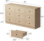 Furnify 9 Drawer Dresser, 59" Wide Dresser for Bedroom, Modern Large Chest of Drawers, TV Stand for 65 inch, Storage Organizer with Metal Handles for Bedroom, Living Room, Hallway, Natural