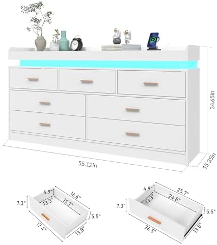 Hlivelood 7 Drawer Dresser with LED Light and Charging Station, Modern Chest of Drawers for Closet, Wide Drawer Organizer Cabinet for Bedroom, Living Room, Entryway, Hallway, White