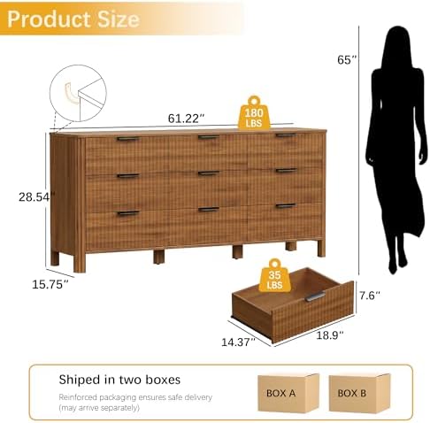 Wodeer 9 Drawer Dresser for Bedroom, 62" W Wide Wood Storage Cabinet with Fluted Design, Modern Chest of Drawers & TV Stand for Living Room, Nursery Clothing Organizer with Metal Slides, Anti-Tipping