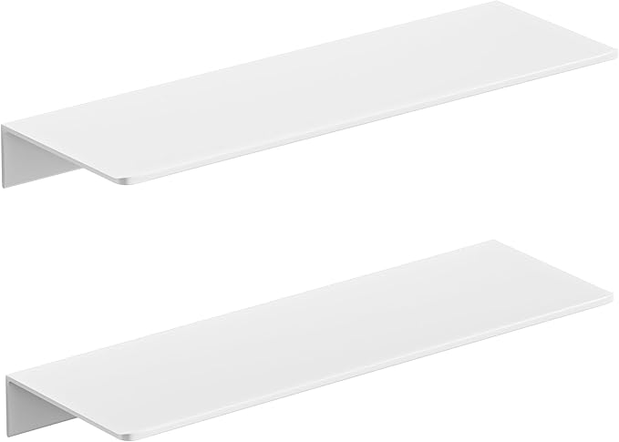 HNVNER 2-Piece Glossy White Metal Floating Shelves - Aluminum Alloy Wall Mounted Shelf No Drilling, Rust-Proof, 15.7" Width for Home Decor & Storage in Living Room, Bedroom, Bathroom