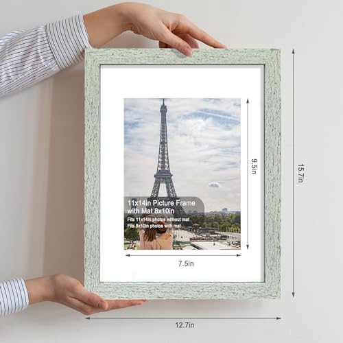 Hongkee 11x14 Picture Frame Set of 4, Made of Real Glass and Sage Green Wooden Frame, Display 8x10 Pictures with Mat or 11 x 14 Posters without Mat for Wall Mounting, Gallery Photo Frames