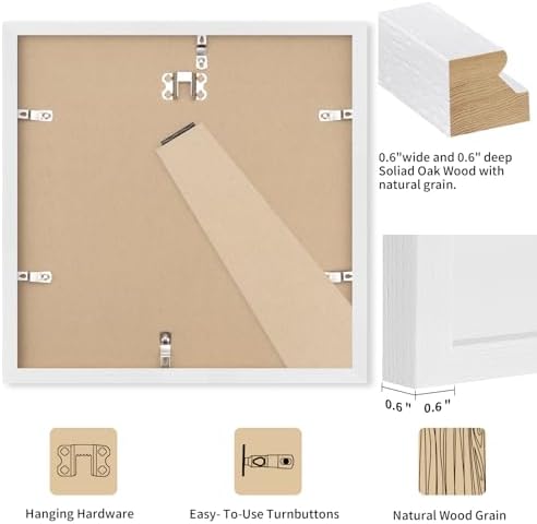 puthiac 8x8 Solid Oak Wood Picture Frame, White, 1 Pack