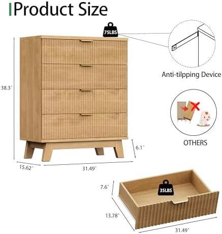 Xixini Fluted Nightstand with 4 Drawers, 31.5" Wide Side Table, Natural Oak