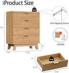Xixini Fluted Nightstand with 4 Drawers, 31.5" Wide Side Table, Natural Oak