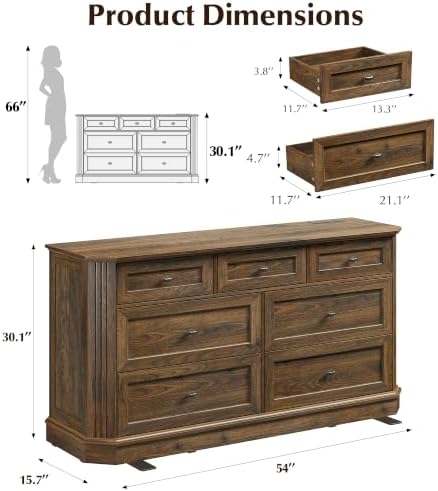 7 Drawers Dresser for Bedroom, 54" Wide Chest of Drawers w/Charging Station